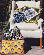 color coordinated patterns in blues and yellows-patterns shown from the Tulip group, Anatolia, Fleur de Lis