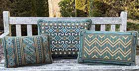Balouch Kilim and companion kits in sages and teals from the cross-point Collection