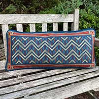 Chevron geometric large lumbar needlepoint pillow in dark red, old blues, copper and sand colors
