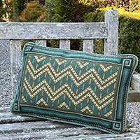 Chevron geometric needlepoint pillow in teal, avocado, grayed greens, and fawn colors