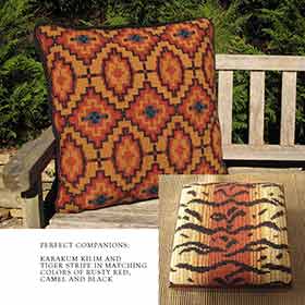 Karakum Kilim with Tiger companion in same colors of rusty red, camel and black from cross-point.com