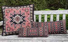 Kilim needlepoint kit and Morocco Stripe companion kits in Siena red, taupe and black from the cross-point.com Collection